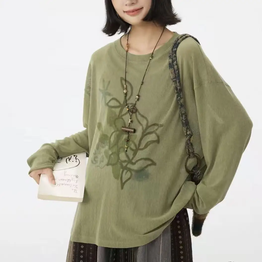 Kimotimo Autumn Snowflake Texture Knit Cover Up Women Soft Skin Friendly Botanical Hand Painted Hollow Out Loose Pullover Top