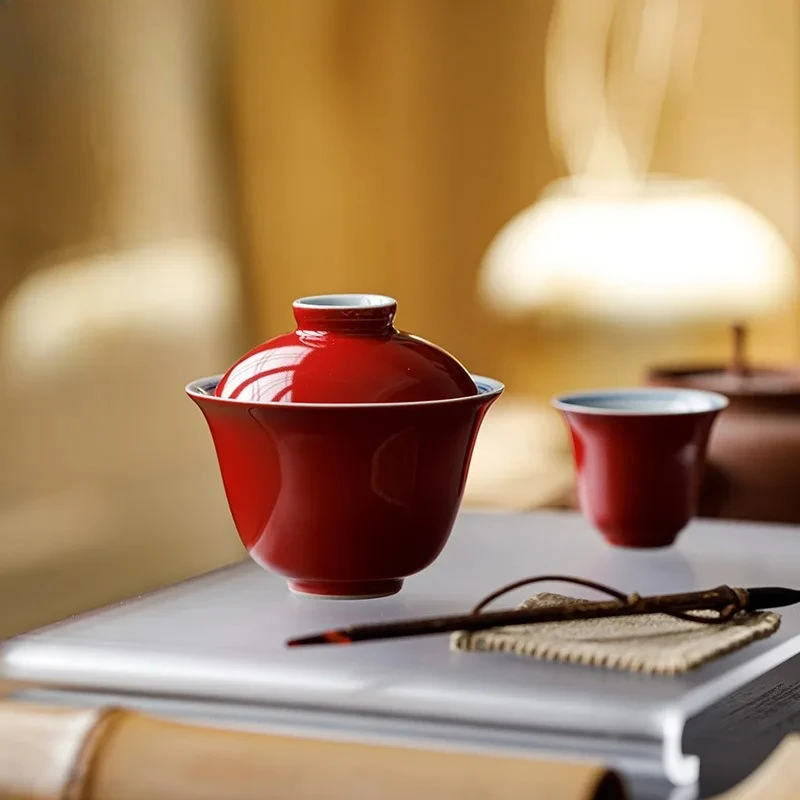 

Чайная чаша Гайвань 130 мл с красной глазурью и ручной росписью, двойной линейкой, для дзен-чаепития, с крышкой, набор для заваривания чая, китайский подарочный набор