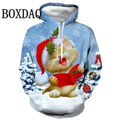 Christmas Cat Party Hoodies Women Fashion Hooded Casual Loose Sweatshirts Cartoon Kawaii 3D Print Winter Long Sleeve Pockets Top