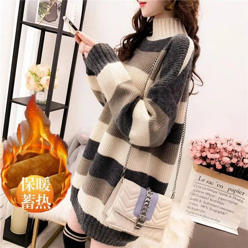 

New Fleece Thick Sweater Coat Women's Autumn Winter Bottom Knit Striped Loose Long Female Turtleneck Pullover Sweaters Top 3XL