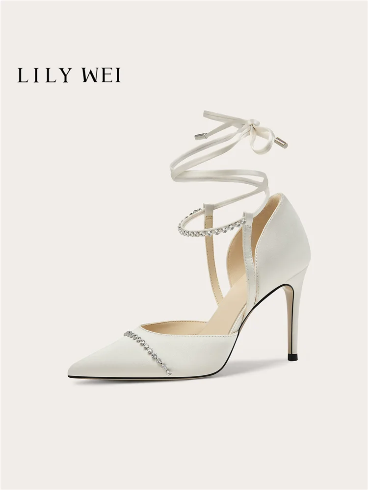Spring and summer pointed rhinestone strap silk wedding shoes banquet large size small size widened high heels women's sandals