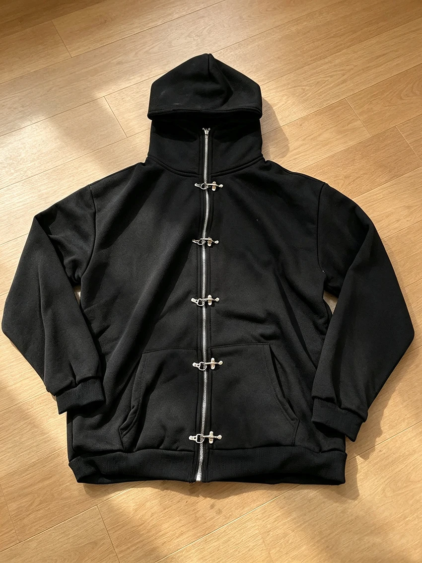 Grunge Streetwear Lady Black Zip Hoodie Multi Metal Hook Buckle Decoration High Neck Long Sleeve Pocket Loose Hooded Sweatshirts