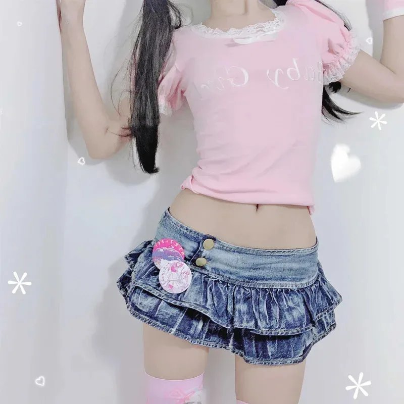 

Japanese Girl Pleated Super Mini Denim Skirts Low Waist A Line Bud Skirt Solid Night Club Party Wear Skirt Punk Style Lolita New