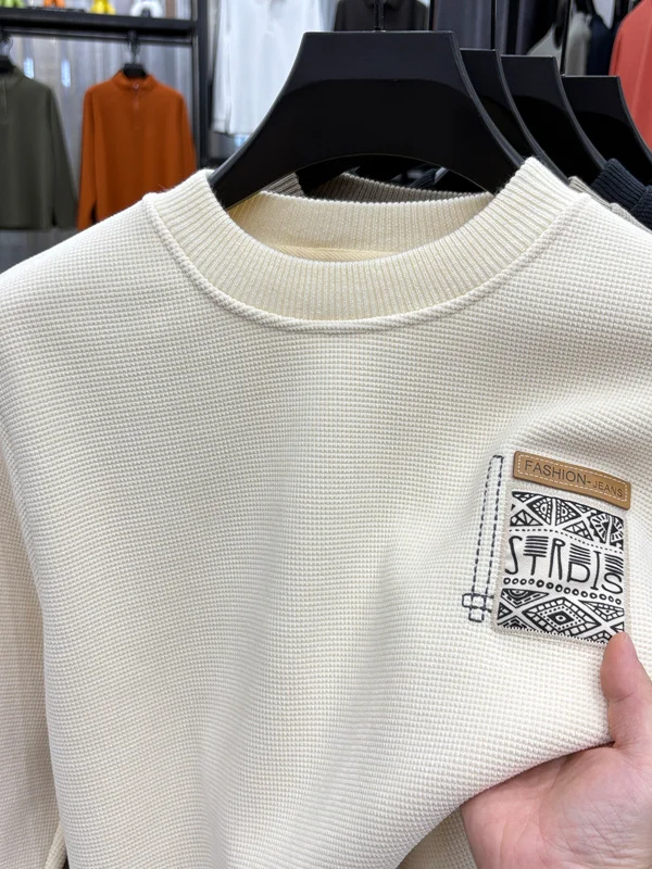 

Мужской модный теплый свитер с длинным рукавом и круглым вырезом, с вышивкой, повседневный, свободного кроя, вязаный, из смесового полиэстера с эластаном