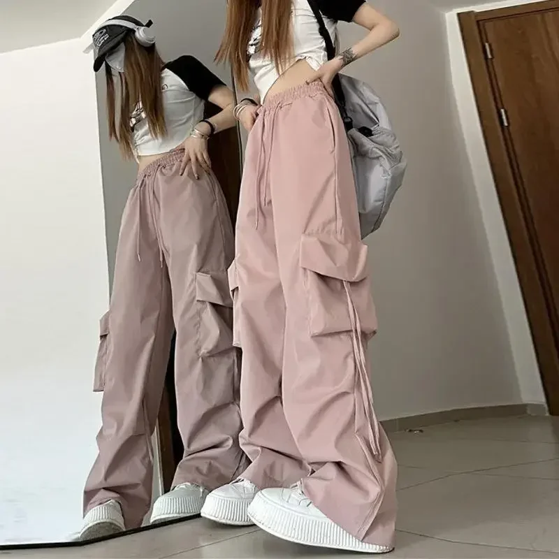 

Pink Streetwear Cargo Pants Women Loose Harajuku Y2K Straight Trousers American Retro Hip Hop Casual Bf Wide Leg Pants New