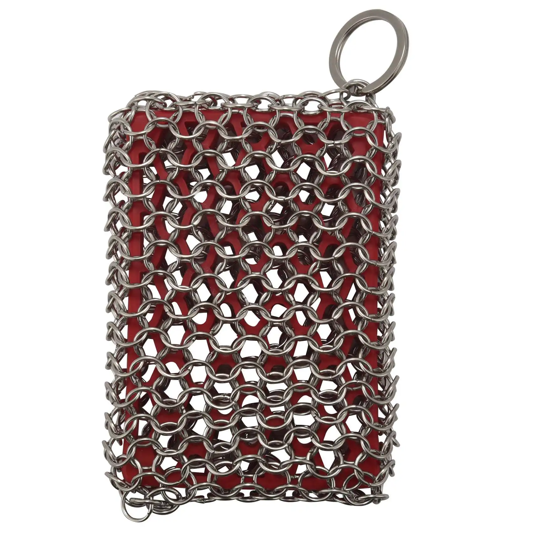 Cast Iron Skillet Cleaner,316 Stainless Steel Chainmail Cleaning Scrubber Silicone Scrubber,for Kitchen Cookware (Red)