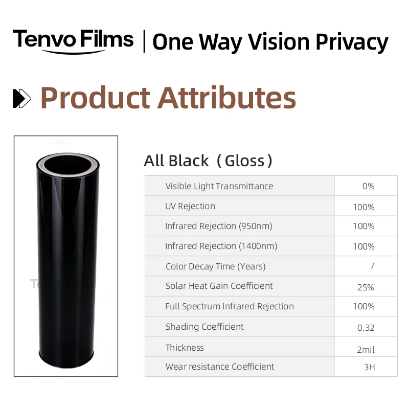 All Black PET Window Film Roll One Way Vision Privacy Glass Tint Heat Insulation Anti UV Solar Control DIY Install For Home Car