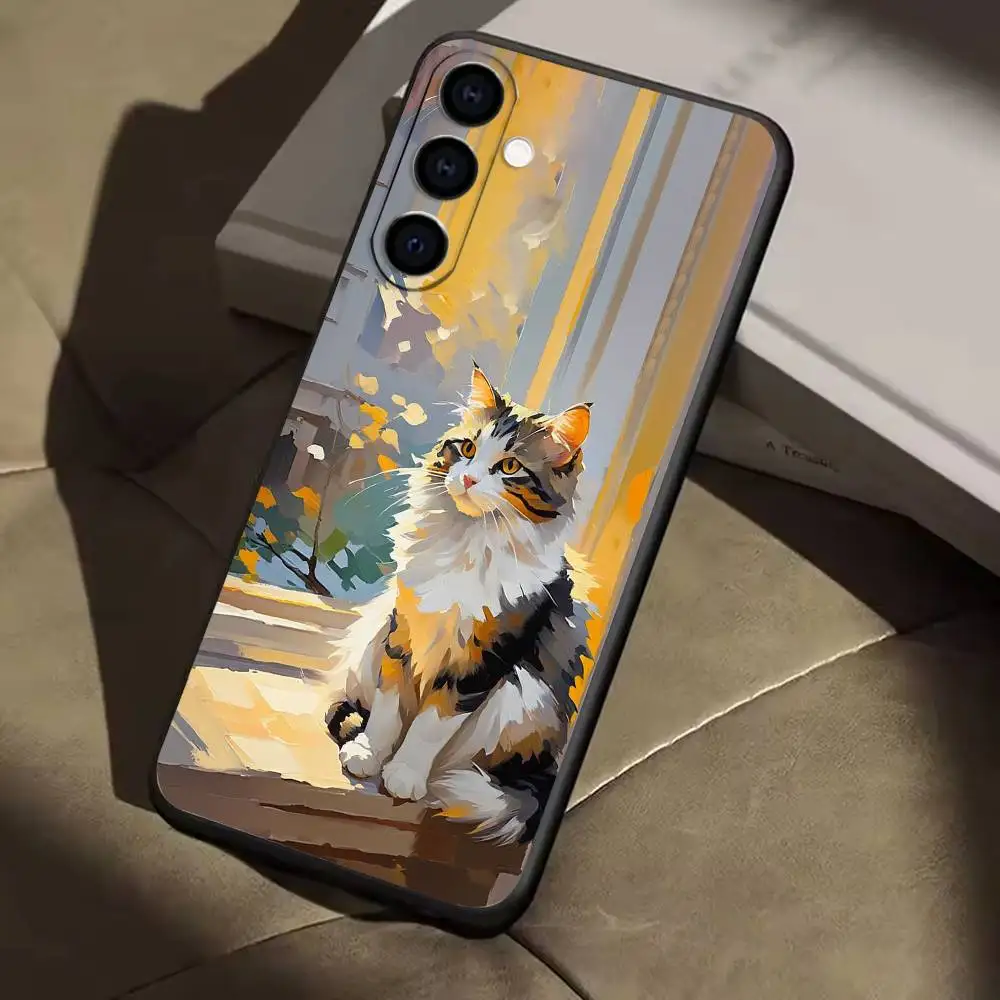 ภาพวาดสีน้ำมันแมวเคสโทรศัพท์สำหรับซัมซุงกาแล็คซี่ A91,80,73,72,71,53,52,32,31,22,21s,20,เคสสีดำนุ่ม