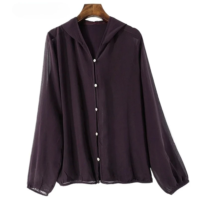 Women's casual clothing Coffee Purple 100% Natural Mulberry Silk Georgette Hooded T-shirt Beach Long Sleeved Sunscreen Clothing