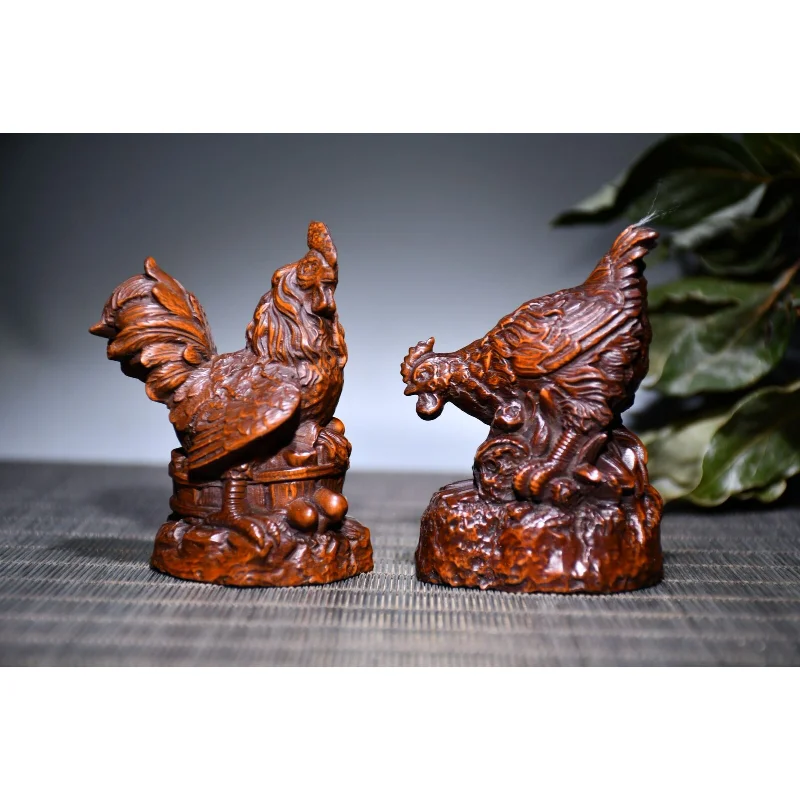 

3.1" Chinese Box-wood Hand Engraving Animal 12 Zodiac Duad Chicken Statue Set Craft Gift Decoration Home Decore