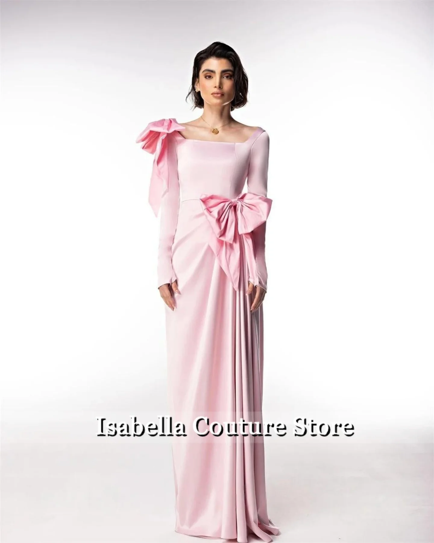 

Elegant Pink Bow Saudi Arabia Luxury Evening Dresses 2025 Long Sleeves Wedding Dresses فساتين سهرة Long Prom Gown Customized