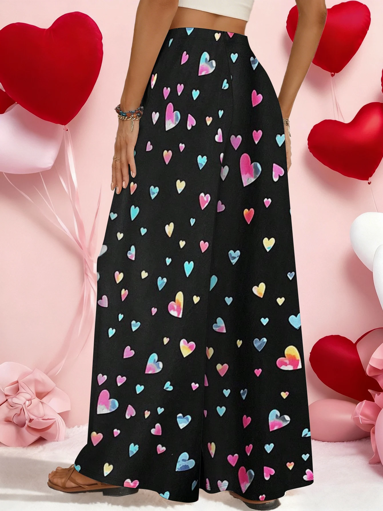 Women Colorful Heart Print High Waist Wide Leg Pants Loose Flowy Casual Vacation Valentine Trousers Standard Size