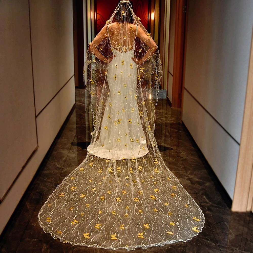 3D Yellow Butterfly Cathedral Veil with Pencil Edge Wedding Veil for the Bride Wedding Dresses Wedding Accessories 