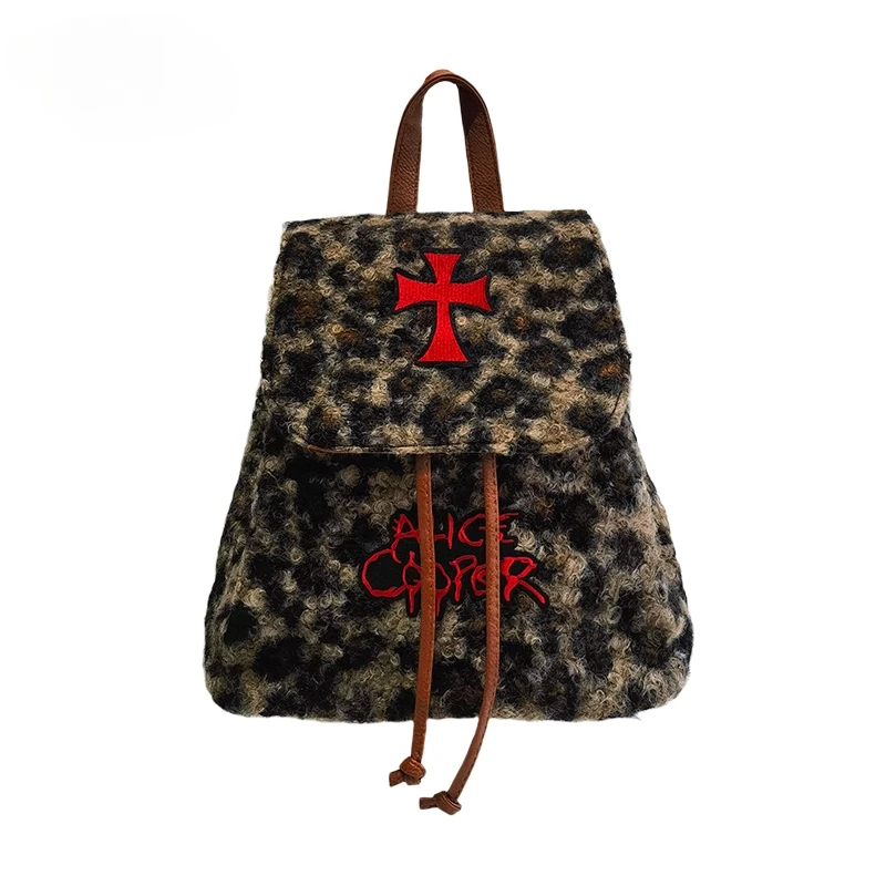 Original Autumn Winter Lamb Plush Arby Leopard Backpack Rock punk Cross Spicy girls Backpacks