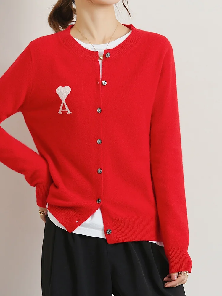 

2024 Spring and Autumn New Women's Round Neck Fine Imitation Woolen Sweater Love Knitted Single breasted Sweater Loose Coat