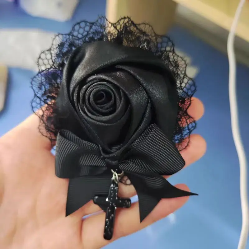 Y2K 걸스 블랙 레이스 새틴 보우 헤어 클립 손수 머리핀 고딕 다크 크로스 헤어웨어 크리스마스 선물 카와이 액세서리