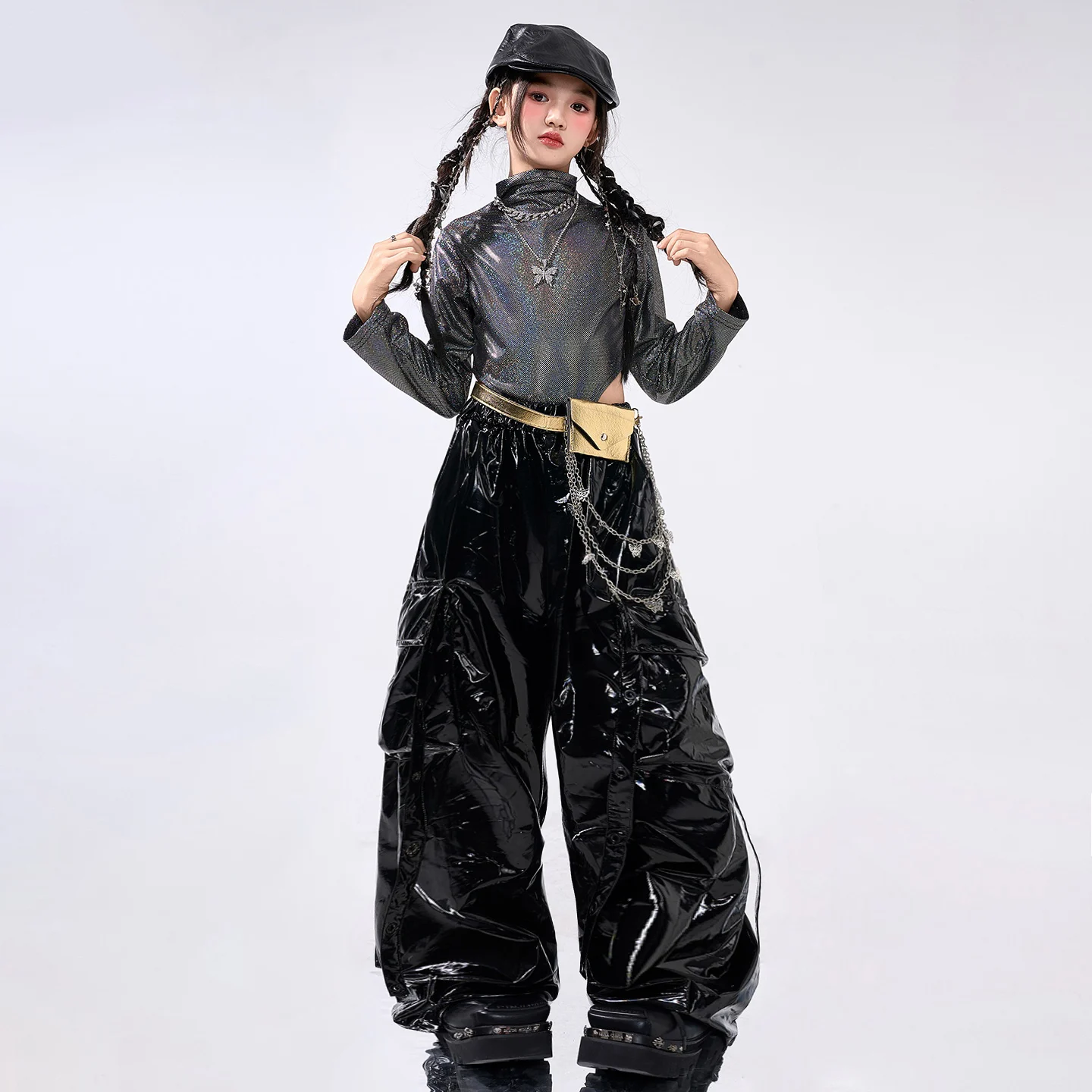 2025 Mädchen Kpop Bühnenoutfits Glänzender Nabel Tops Leder Hip Hop Hosen Jazz Dance Performance Wettbewerb Kleidung Anzug BL17260
