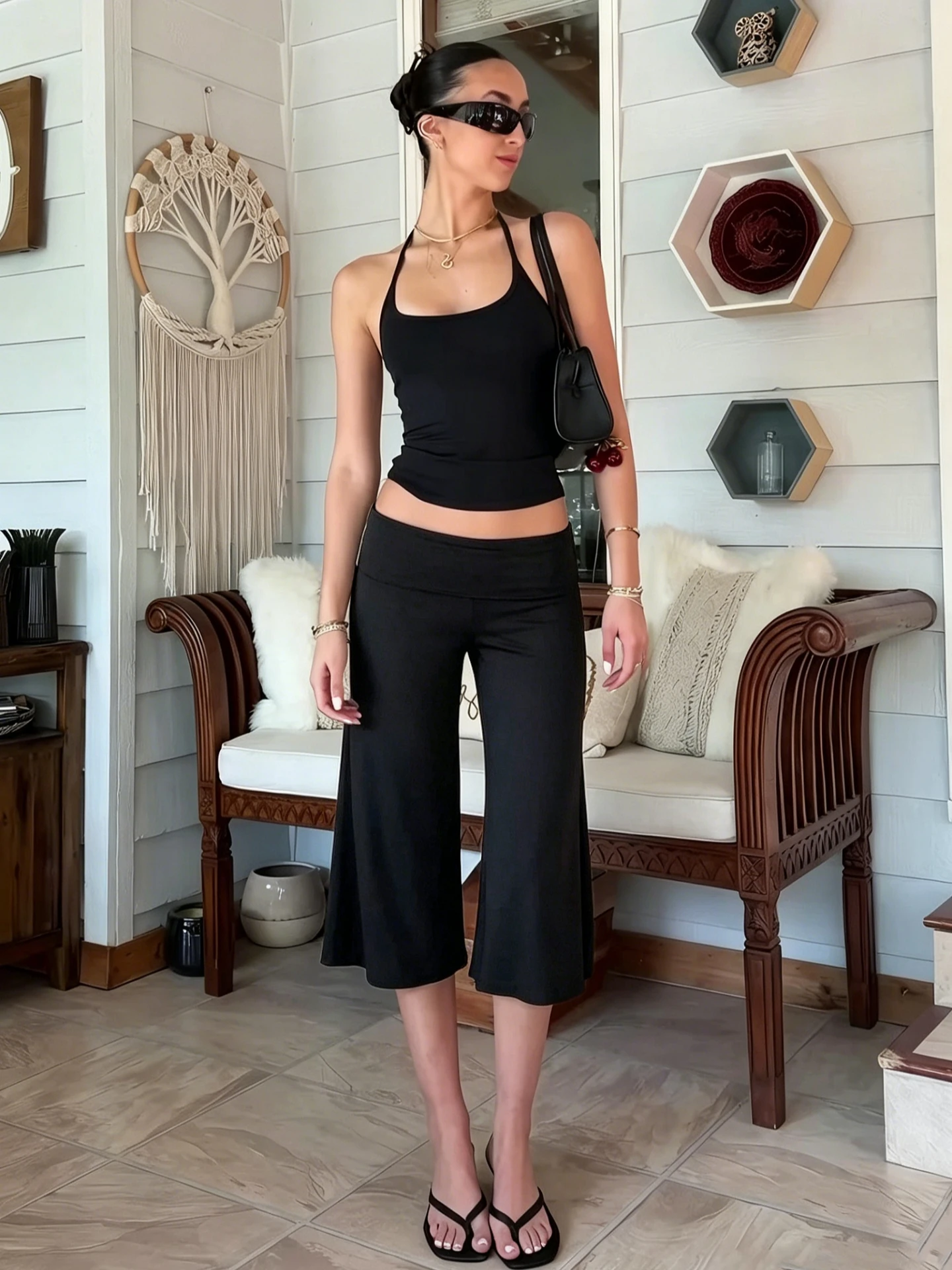 Hugcitar High Waist Patchwork Solid Loose Wide Leg Capri Pants Fashion Women Clothes Streetwear Party Night Club Y2K