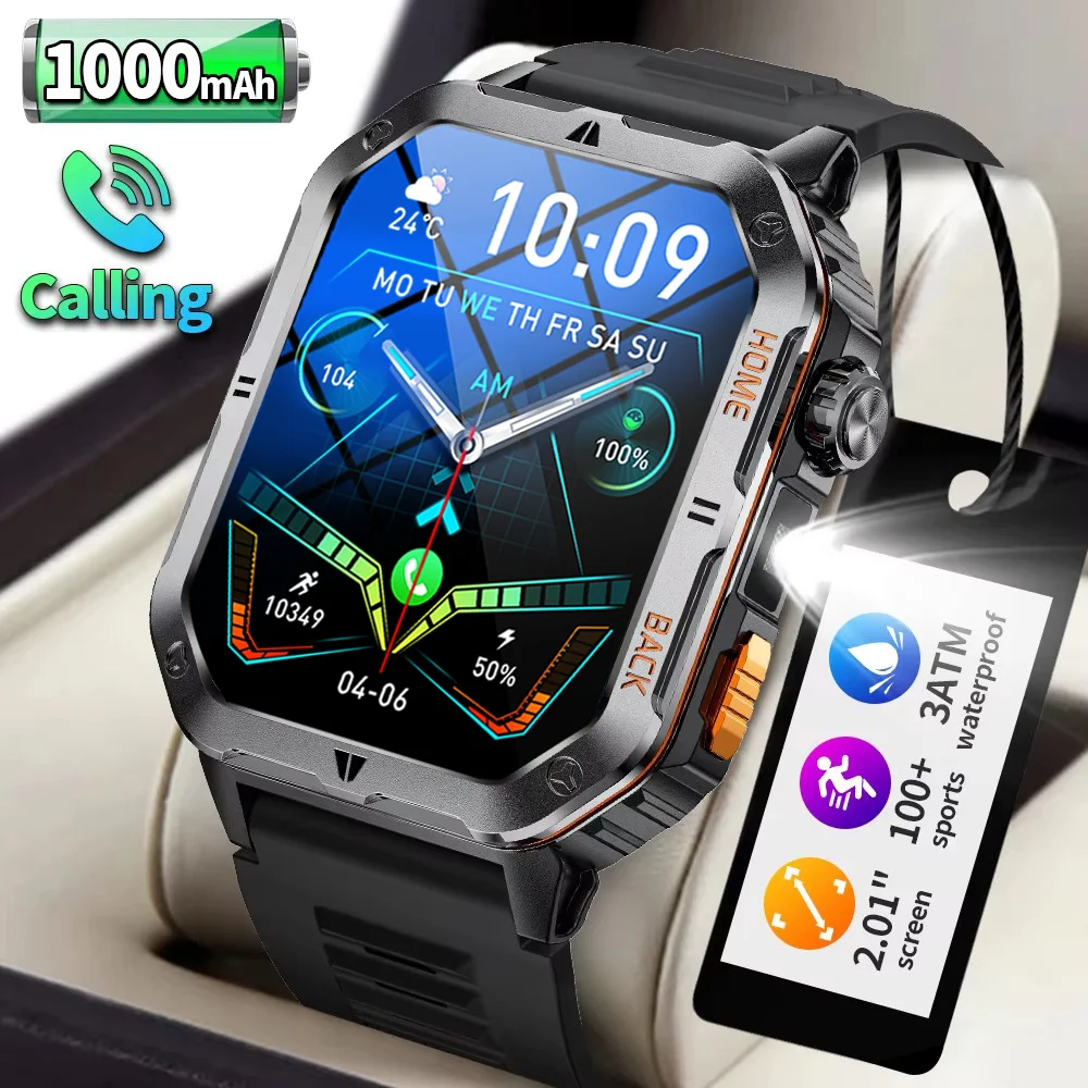 

New 1000mAh Battery Outdoor Sports Smart Watch 2.01 inch HD Screen LED Flashlight Bluetooth Talking SmartWatches For Men Women