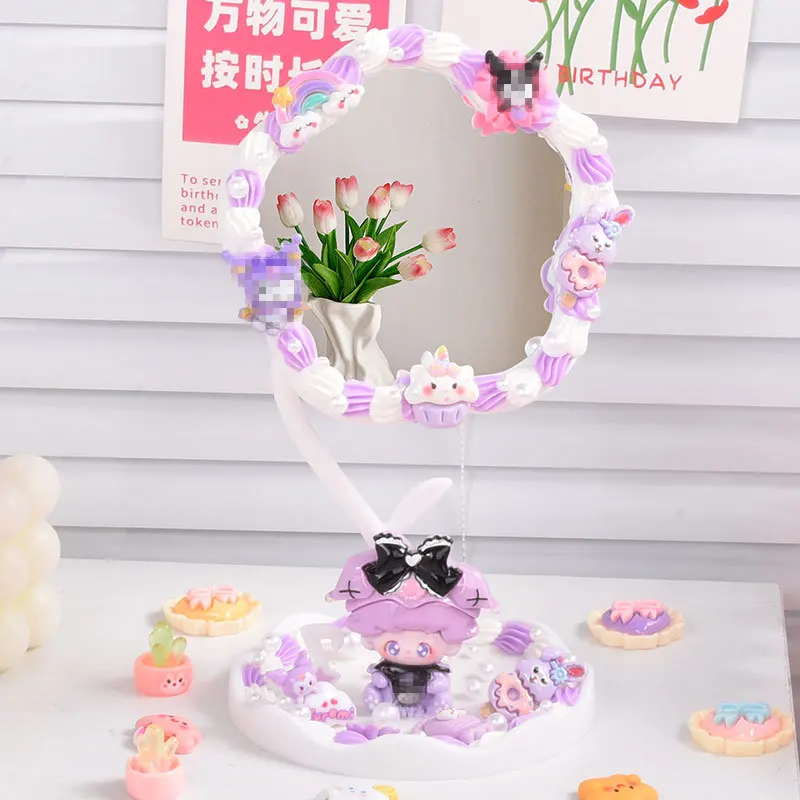 مرآة مكياج على شكل قلب للأطفال مصنوعة يدويًا بغراء كريمي ومرآة صغيرة لمرآة مكياج للفتيات #4