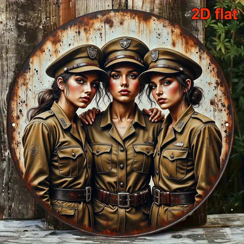 2D-Metallschild, Vintage-Porträt der drei Schwestern, militärisches Frauenporträt, Wandkunst, rustikale Industrie-Dekoration für Bar, Café, Restaurant, Schlafzimmer