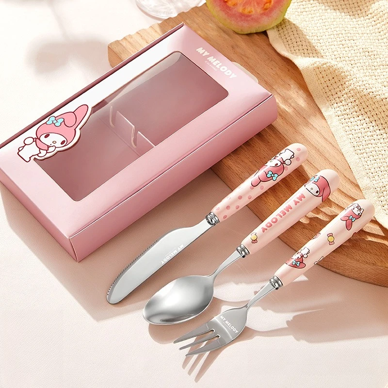 

Посуда Kawaii My Melody из нержавеющей стали. Ложка-вилка в стиле аниме плюс нож для стейка, набор посуды. Милая бытовая посуда для детей