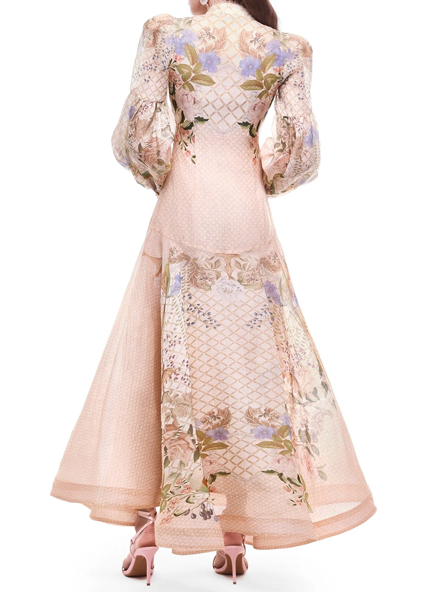 VGH Elegant Floral Grid Print Flowy Dress for Women Stand Collar Long Sleeves Button Accent Skirt for Garden Wedding Reception