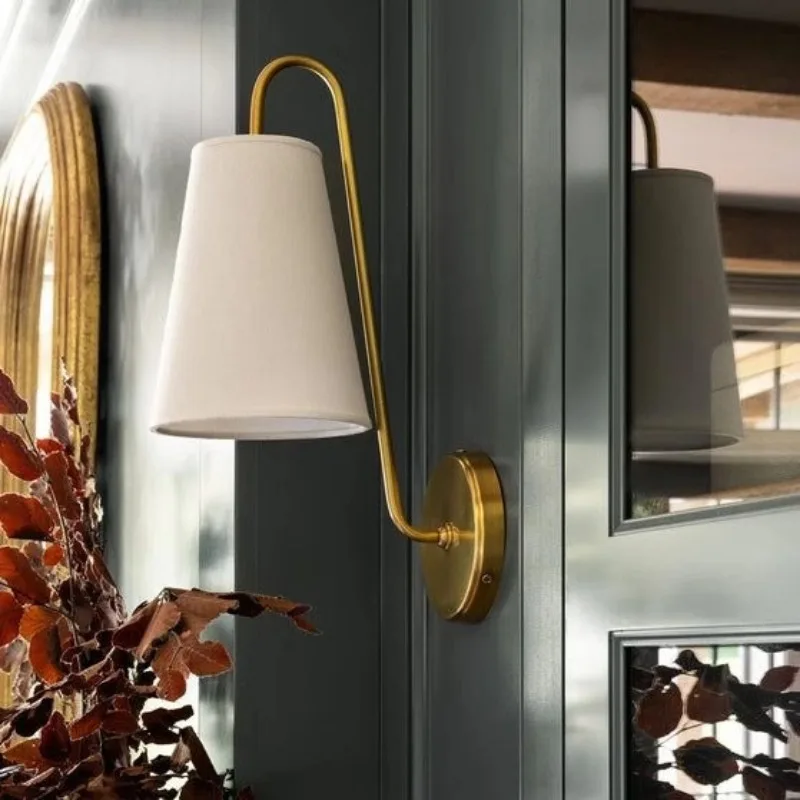 Retro Brass Linen Wall Lamp Simple Bedroom Bedside Living Room Aisle Restaurant Cafe Art Atmosphere Lamp Room Decor