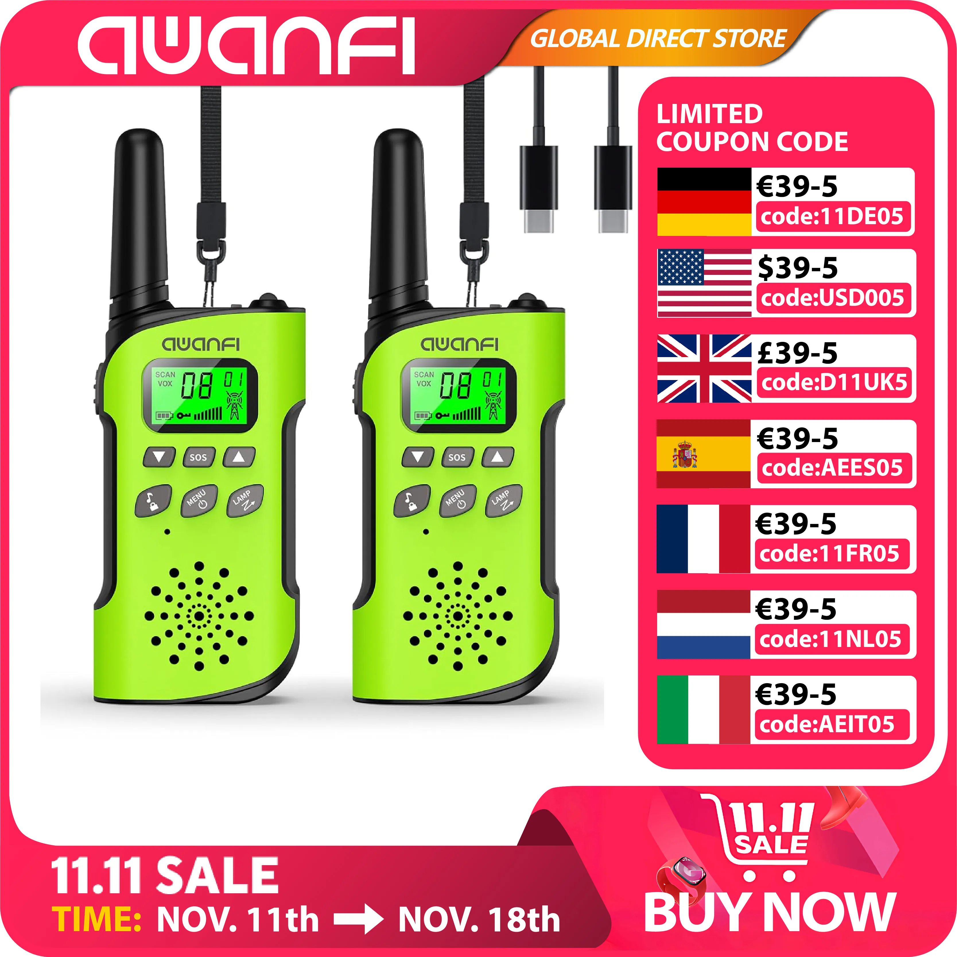 AWANFI Walkie Talkie bambini, 3-12 anni, Walkie Talkie ricaricabile con batteria agli ioni di litio, Set Radio, per regalo/campeggio/avventura