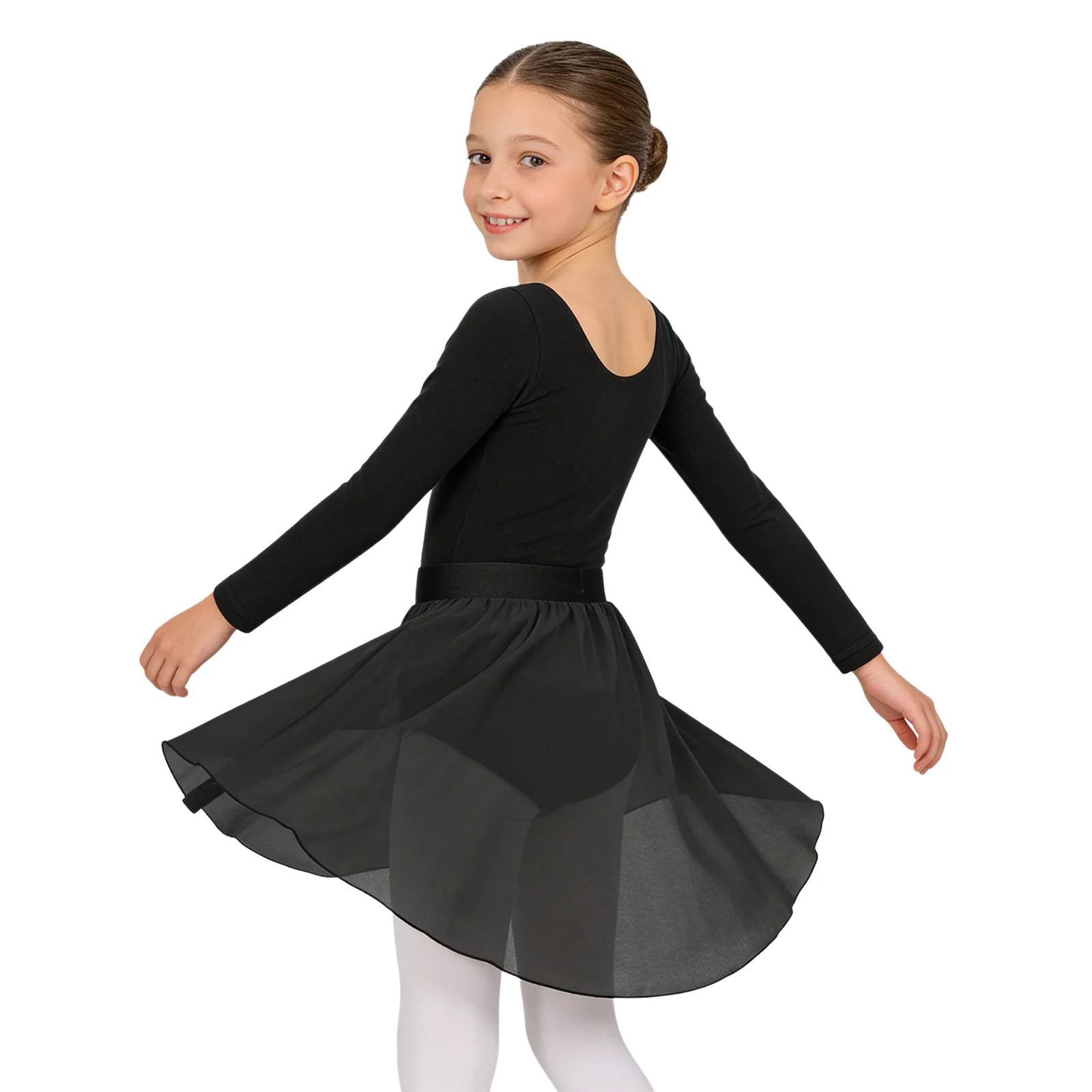 Kids Girls Ballet Gymnastics Modern Lyrical Dance Performance Outfit Long Sleeve Leotard with Elastic Waist Sheer Chiffon Skirt