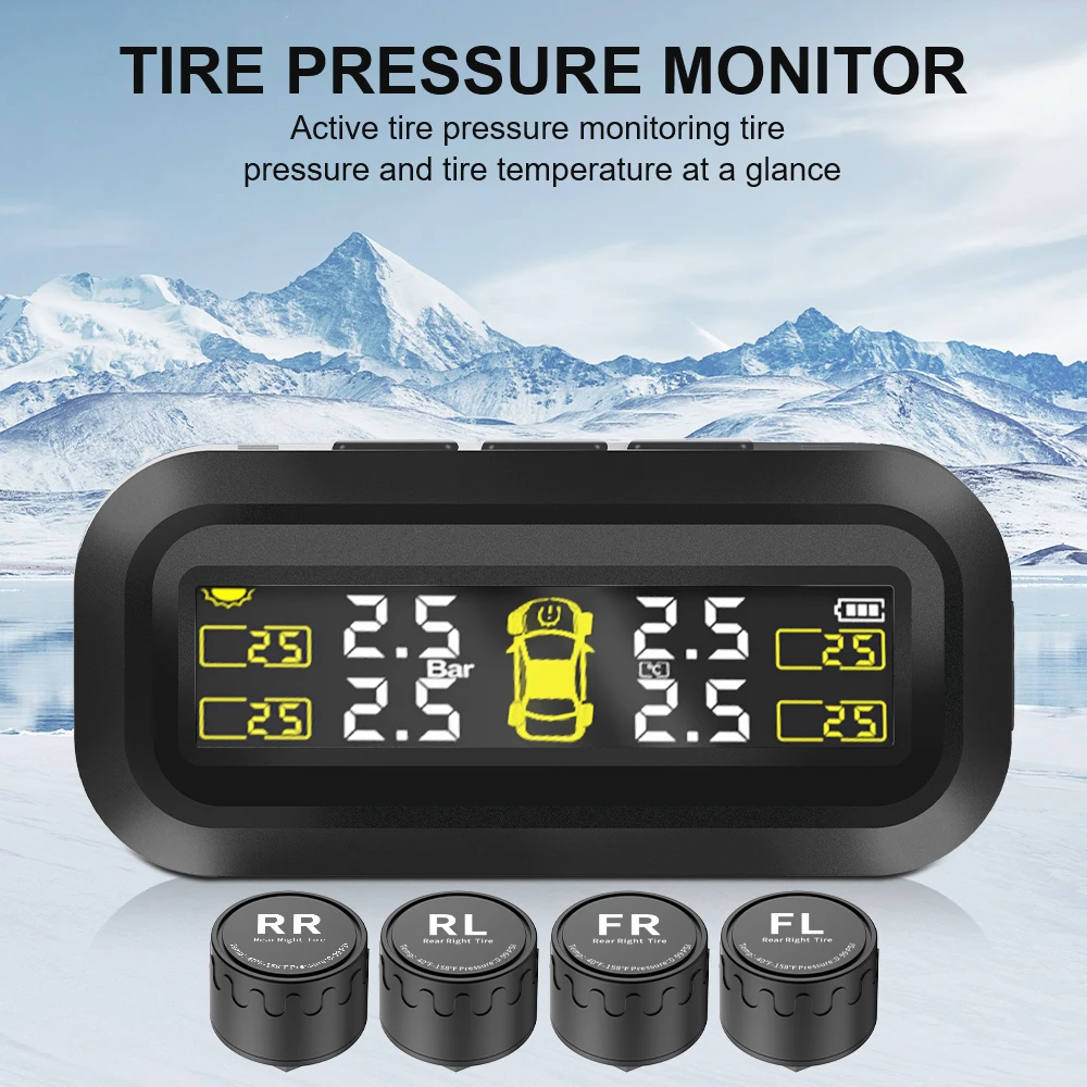 Sensores TPMS para coche, sistema de supervisión de presión de neumáticos, diagnóstico de ordenador a bordo, Solar/USB t