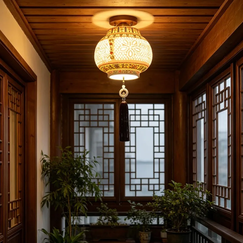 New Chinese Style Copper Ceiling Light Ceramic Lampshade Living Room Bedroom Dining Hall Study Hotel Atmosphere Decoration Lamps