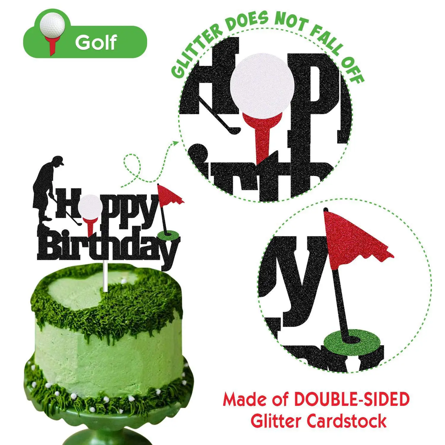Green Black Golf Happy Birthday Cake Topper Flag Wedding Kids Boys Party Cake DIY Baking Cupcake Toppers Decoration Baby Shower