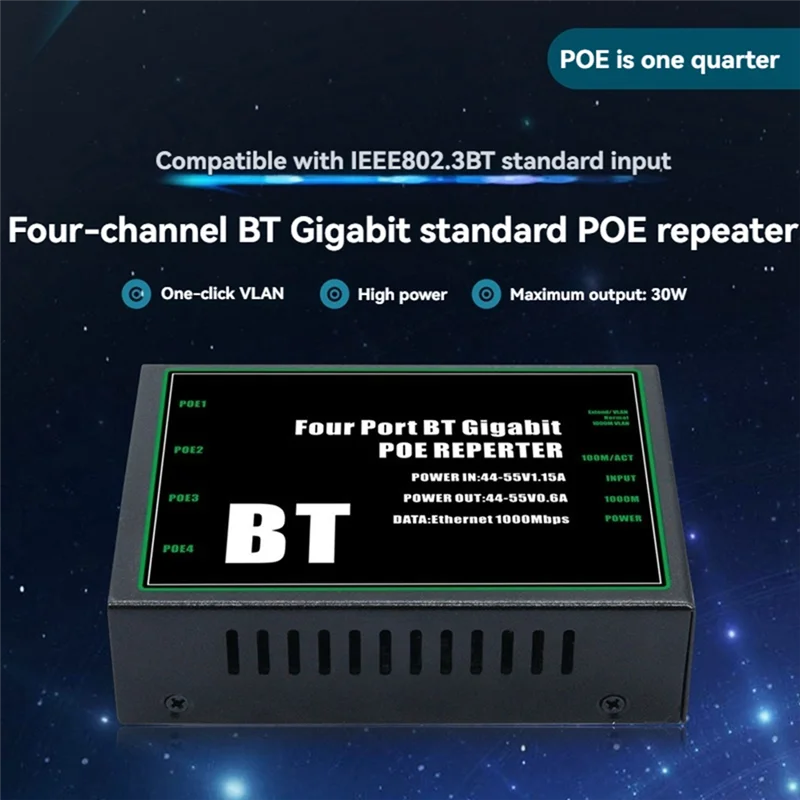 

【Sleek Design】4 Port Gigabit POE Extender 100/1000Mbps 1 In 4 Out POE Repeater For 48V POE Camera Wierless AP