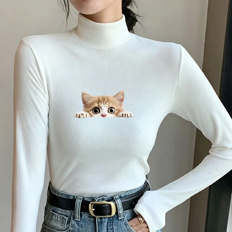 2026 New Autumn Winter Thermal Brushed Fleece Long Sleeve Graphic Print T shirt Blouses Female Warm Shirt Women Top