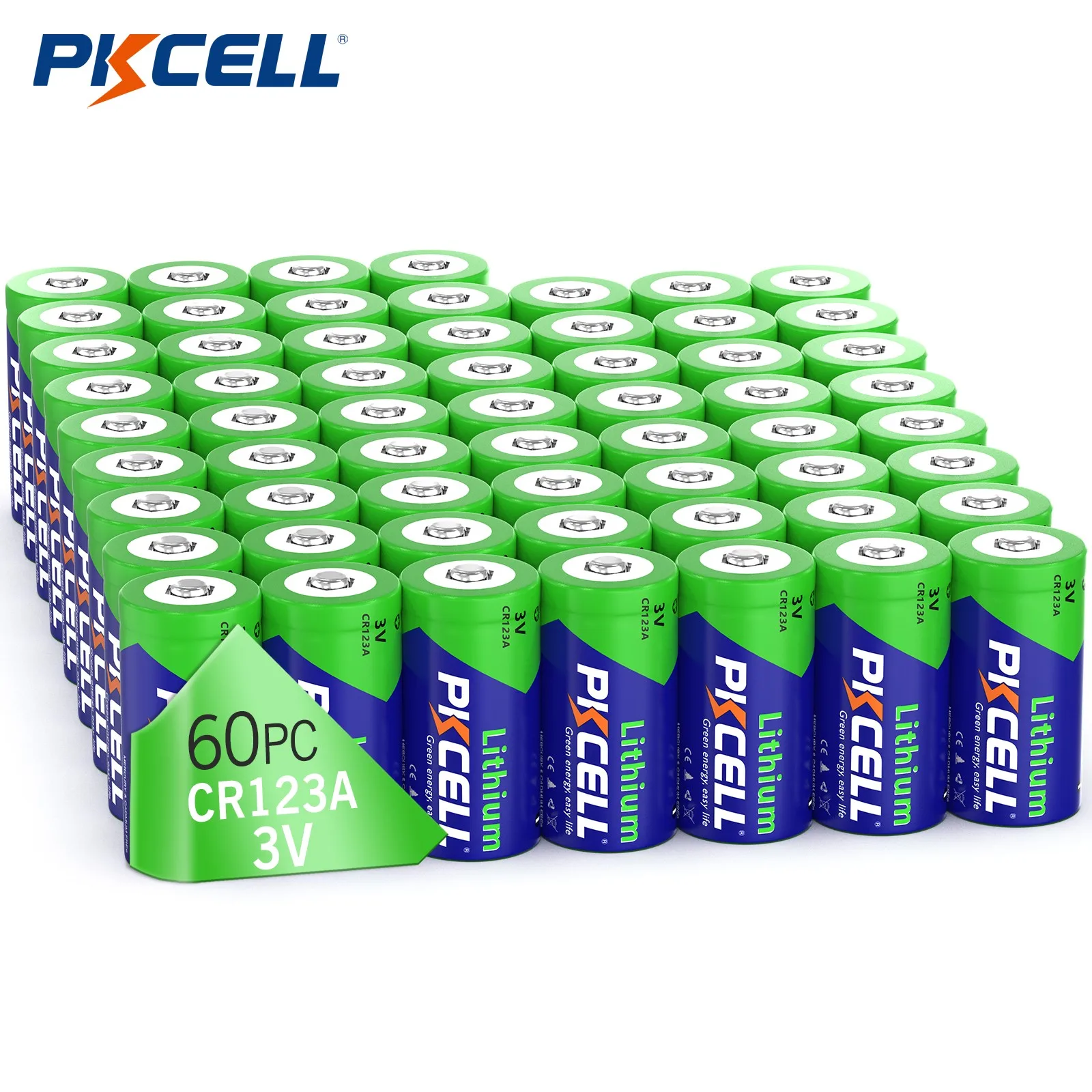 PKCELL 60PCS CR123A 3V Lithium Battery 3 Volt CR17345 DL123A Non-rechargeable Batteria Batteries for High Intensity Flashlight