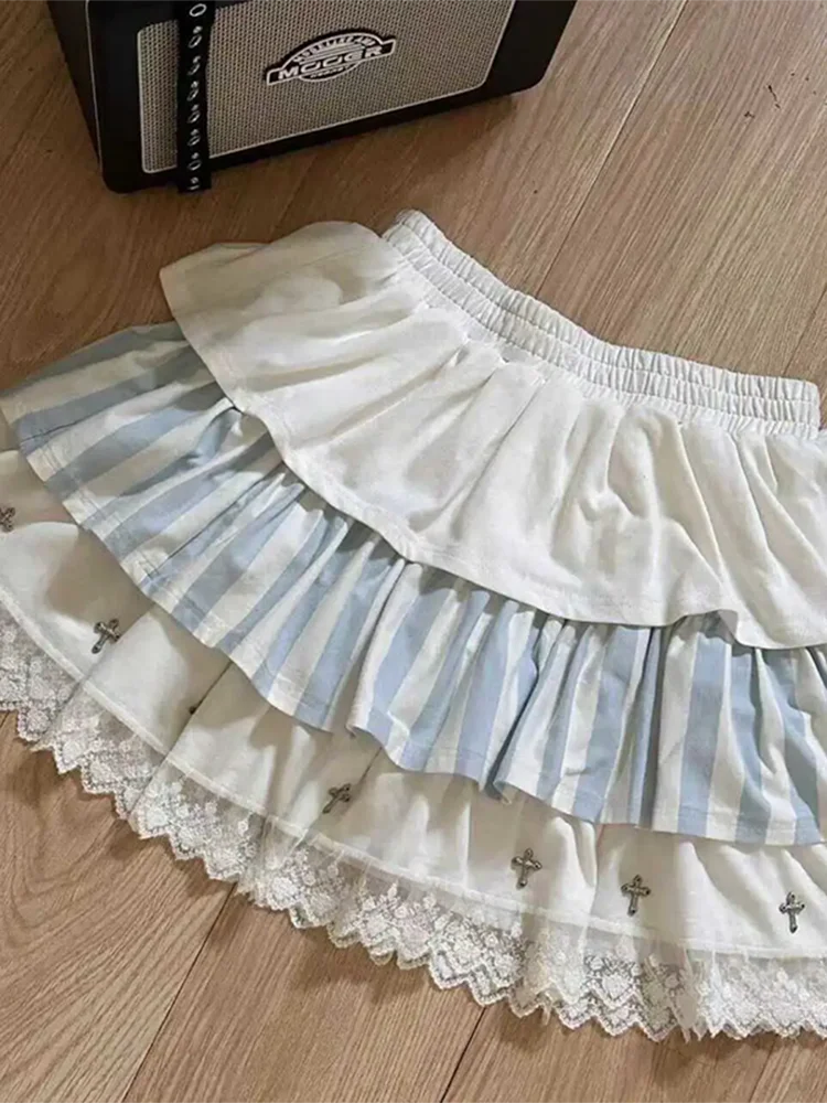 اليابانية المرقعة الحلو تنورة المرأة Kawaii Harajuku كعكة رقيق التنانير أزياء من الدانتل الأزرق مخطط ضئيلة تنورة صغيرة الإناث جديد