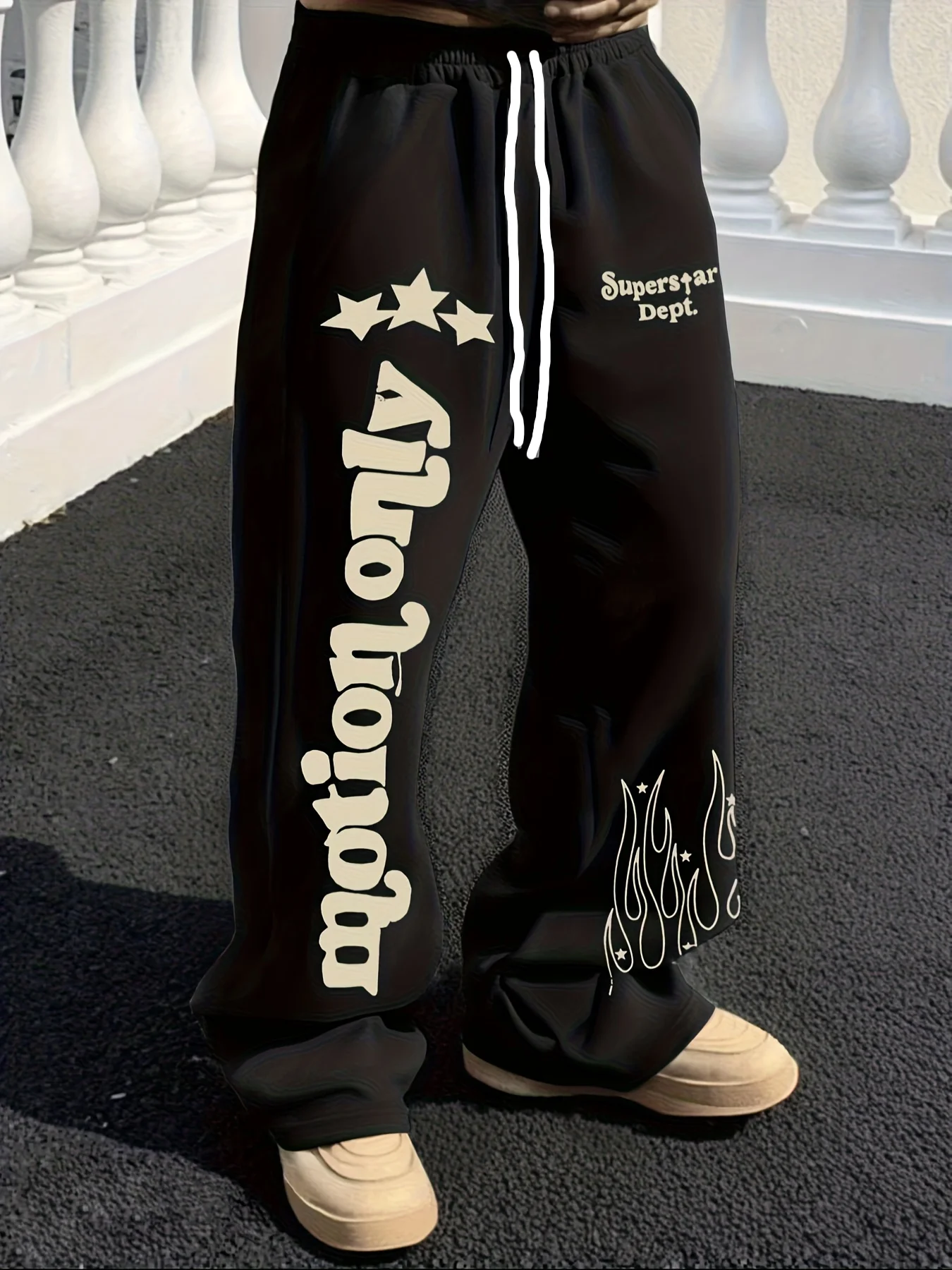 2026 New Style Men Casual Sweatpants Retro American Star Flame Letter Mixed Print Loose Hip Hop Streetwear Black Trousers Kids