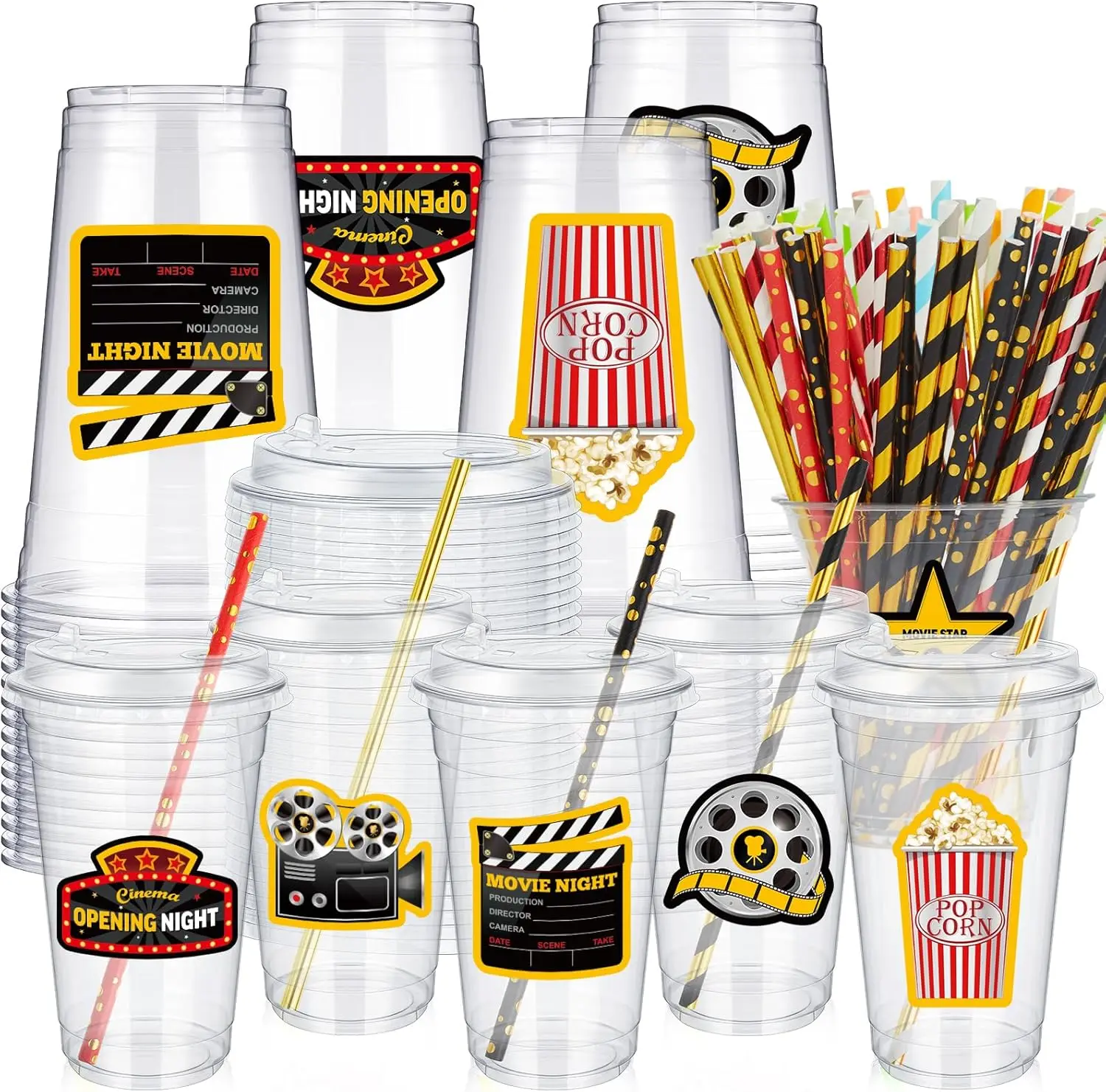 

60 Set Movie Night 20 oz Plastic Cups Disposable Clear Cups with Lids and Paper Straws for Movie Night Party Favor Suppl