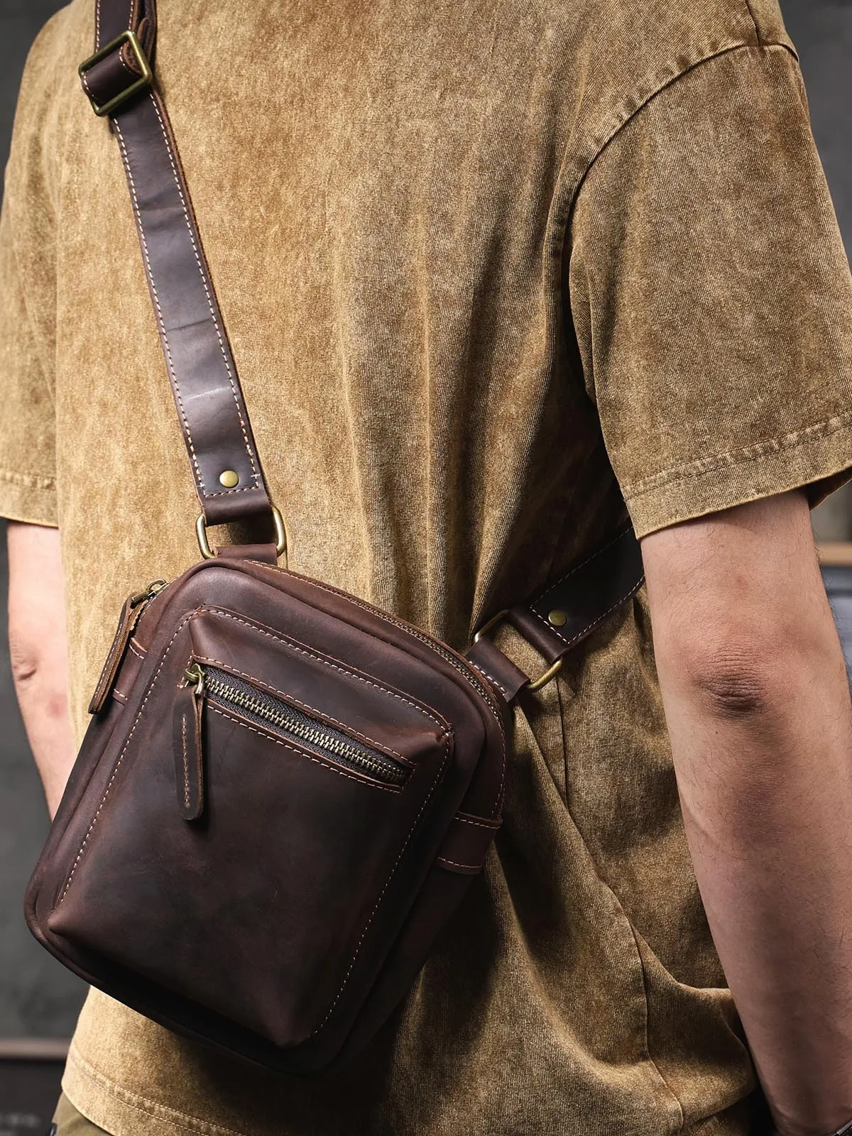 vintage crazy horse cowhide men's shoulder bag outdoor simple casual luxury natural genuine leather small phone crossbody bag