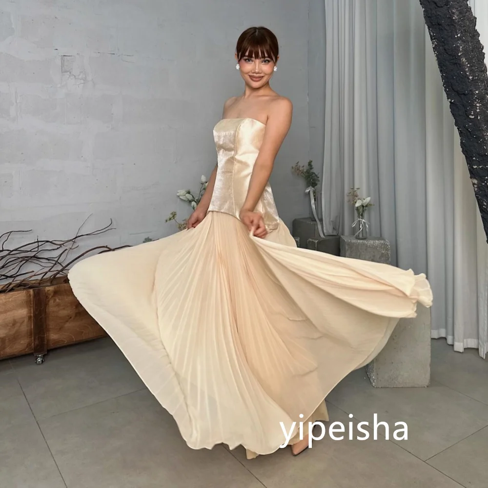 Customized Matching Chiffon Pleat A-line Strapless Midi Dresses Prom Dresses Classic Exquisite Modern Style Pastrol Unisex  Form