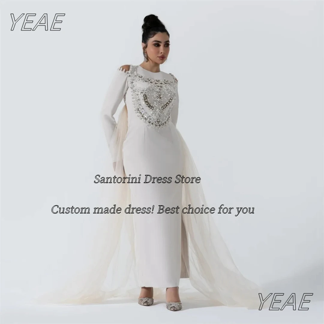 

Санторини платья для выпускного вечера с круглым вырезом по индивидуальному заказу, с длинными рукавами и бисером, вечерние платья с открытой спиной, длинные тюлевые шлейфы, халаты De Soirée