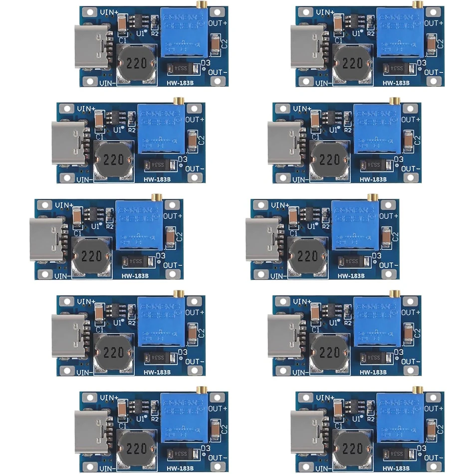 Regulador de tensão ajustável do módulo step-up, plugue micro USB tipo C, conversor DC-DC boost, 2V-24V a 5V-28V, 2A, MT3608, 10pcs