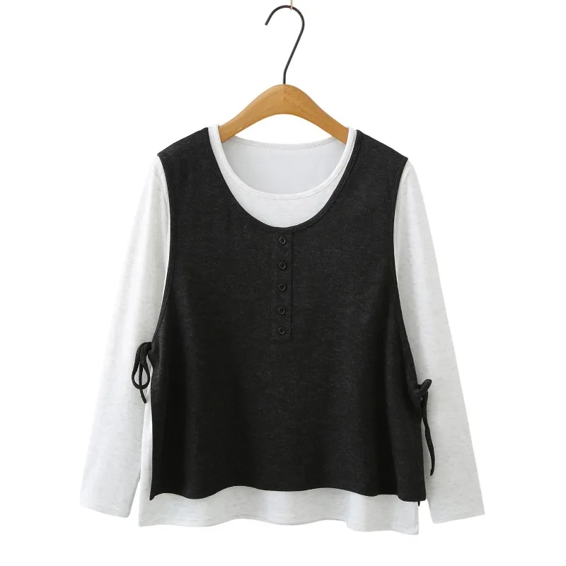 Women Two Piece Outfit Color Contrast Vest And Long Sleeve T Shirt Hide Belly Slim Set