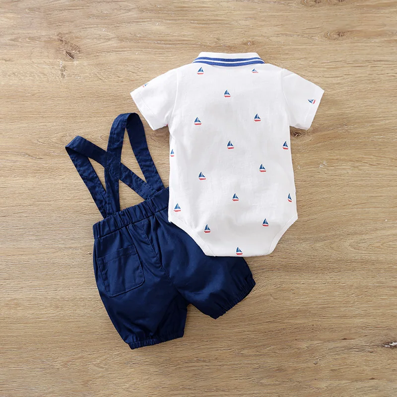 Newborn Clothing Sailboat Cotton 0-18 Boys And Girls Summer Short Sleeved Baby Triangle Jumpsuit+Suspender Pants Two-Piece Set