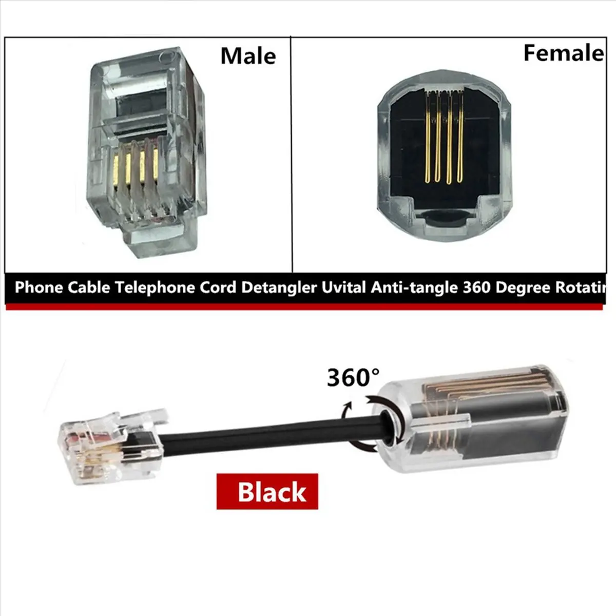 

BaoBao-12 шт., устройство для обнаружения телефонного шнура RJ9 4P4C, расширенный на 360 градусов, вращающийся, с защитой от Т-угла, черный телефонный шнур, стационарный кабель