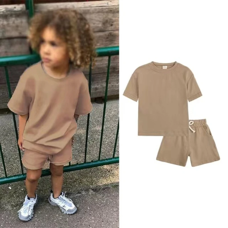 

Toddler Boys Girls Summer Sport Clothes Kids Solod Color Cotton Casual Crewneck Short Sleeve T-Shirt + Shorts Children Outfits