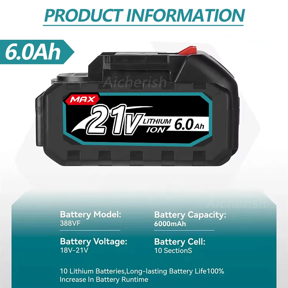 21V 6000mAh Rechargeable Li-ion Battery Fast Charge Built-in BMS Protection for 21V Drill Power Tools