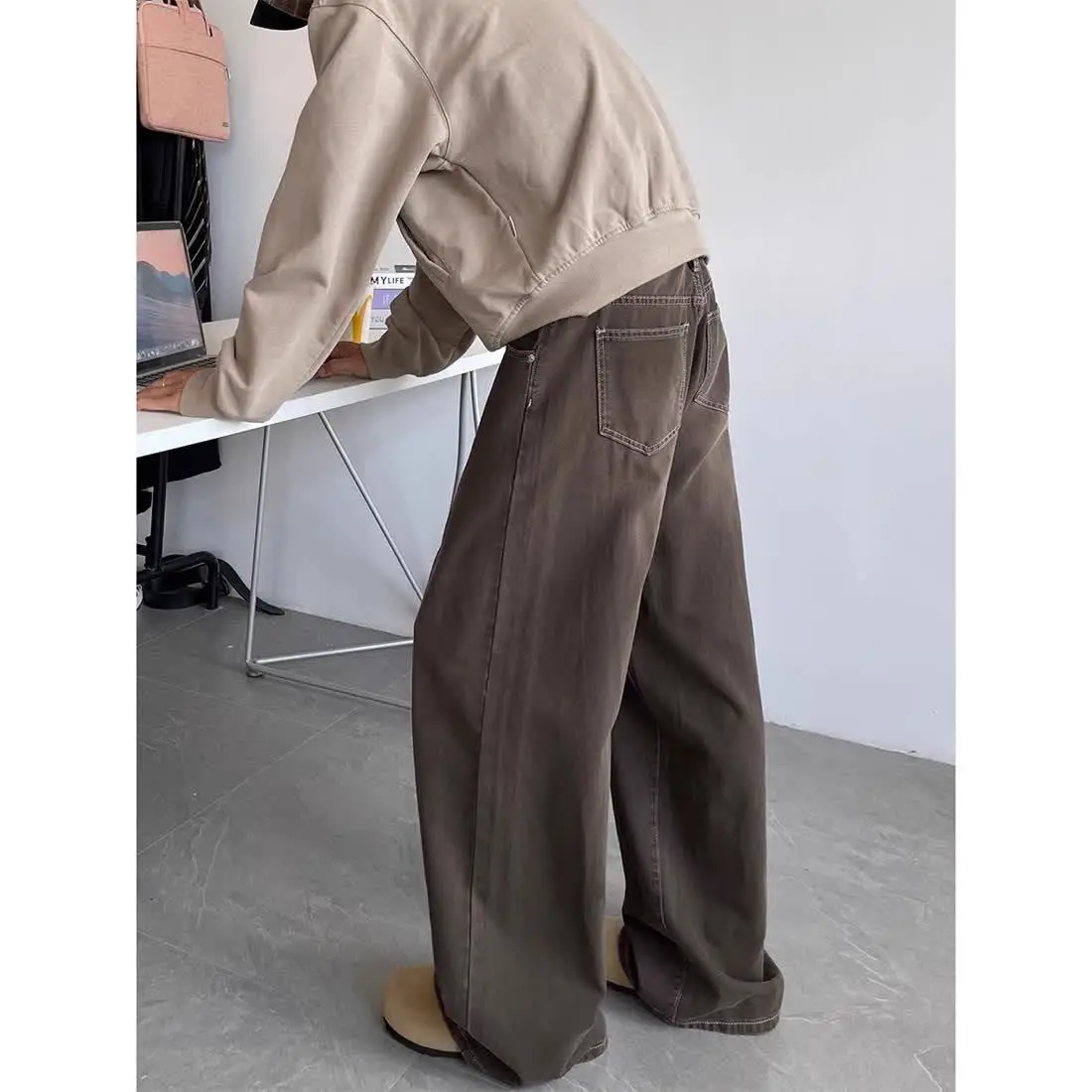 

American retro brown jeans men's autumn aged cleanfit loose straight floor wide-leg casual trousers