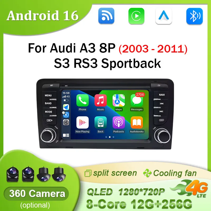 Rádio Automotivo Android 16 de 7 polegadas para Audi A3 8P 2003-2011 S3 RS3 Sportback com Carplay, Multimídia Automotiva, RDS, 8 Núcleos, GPS e 2 DIN.